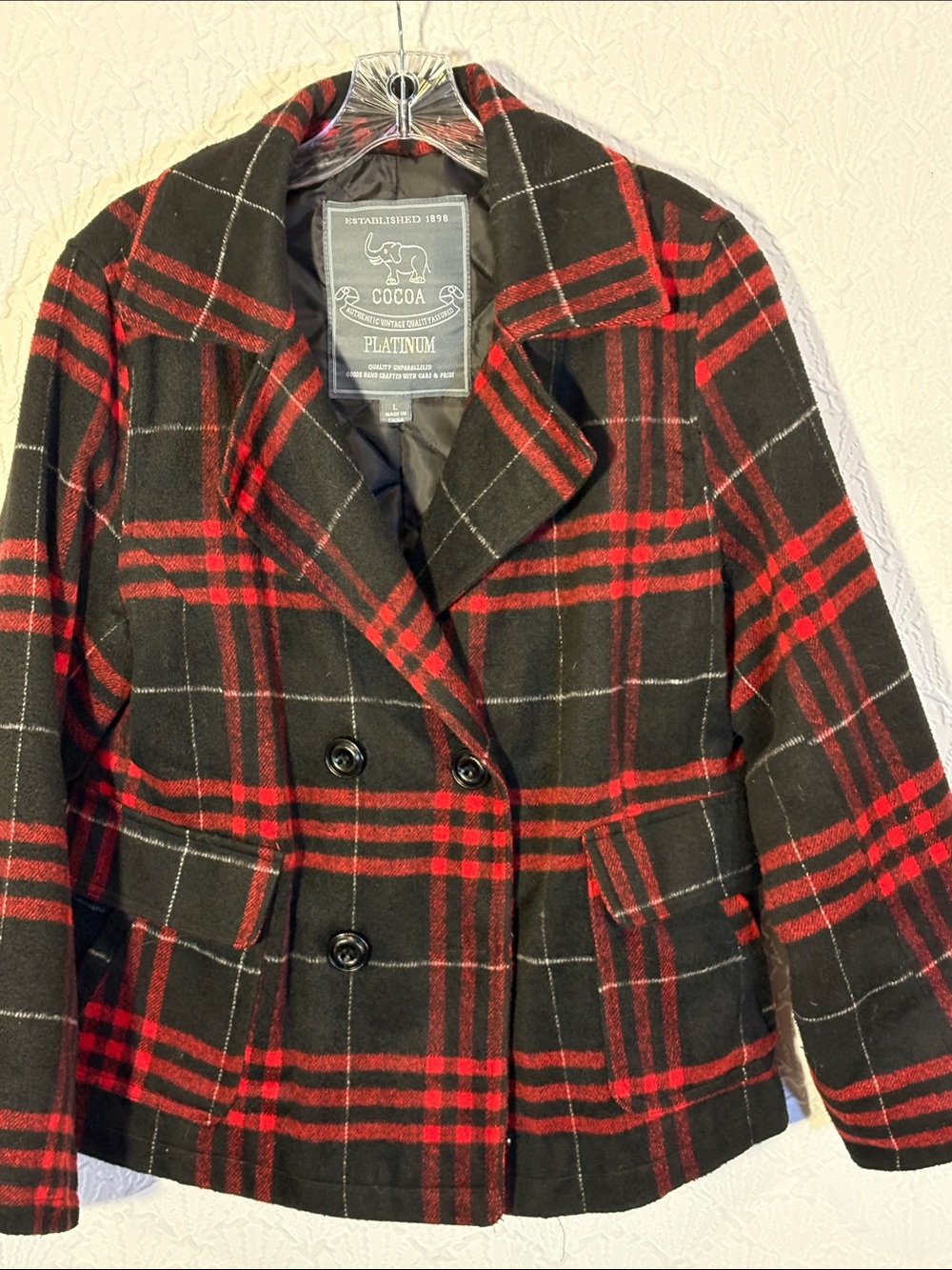 Women's Black & Red Plaid Wool Blend Double Breasted Peacoat Vintage Quality